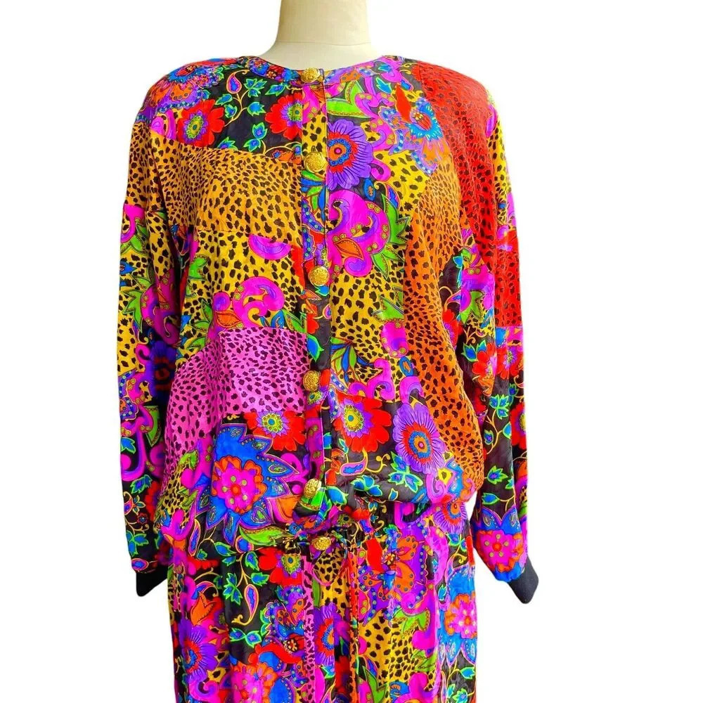 VTG DIANE FREIS 80’s Georgette Silk Top & Pleated Skirt Outfit Dolman Sleeve XL - Picture 3 of 5